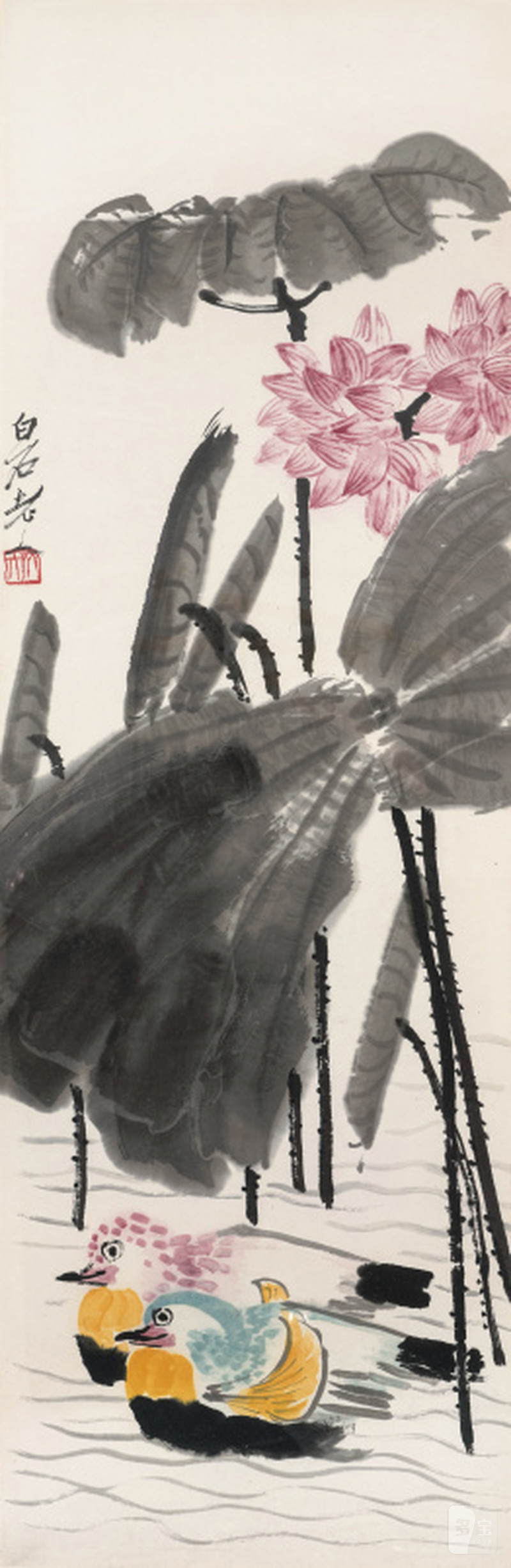 齐白石 1864-1957 红荷鸳鸯 - 图1